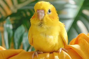 Yellow lovebird perched on fabric with tropical plant backdrop