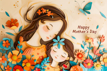 A woman and a child are holding hands and surrounded by flowers