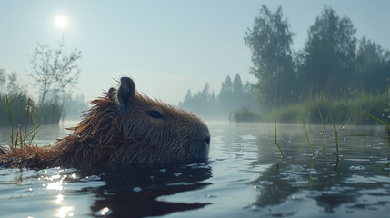 Capybara swimming calmly in a misty wetland at sunrise