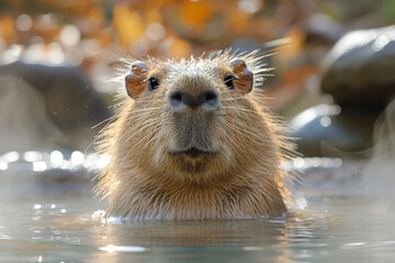 Capybara enjoying a soak in the water with autumn leaves around
