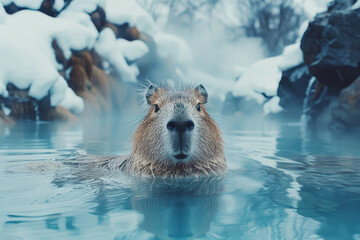 Capybara in steamy blue hot spring with snowy background