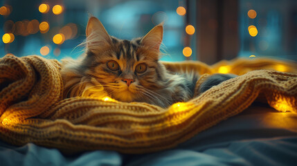 Maine Coon cat with fairy lights wrapped in warm blanket