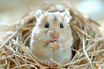 Hamster eating in straw nest close-up