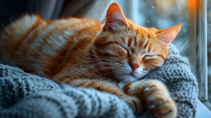 Ginger cat sleeping on knitted blanket near window