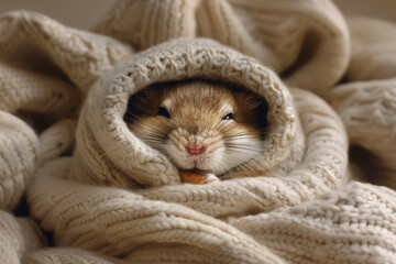 Hamster peeking out of cable knit sweater