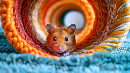 Hamster peeking from colorful knitted tunnel