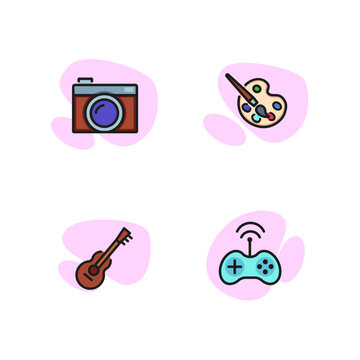 Creativity line icon set. Palette and brush, guitar, photo camera, game controller. Art concept. Can be used for topics like modern technology, inspiration, education.