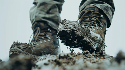 Hiking boots trudging through muddy terrain