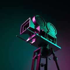 Vintage Film Projector Bathed in Neon Lights: A Cinematic Nostalgia Merge