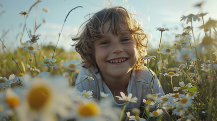 Smiling boy in daisy field on sunny day