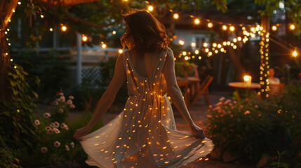 Woman in twinkling fairy light dress in enchanted garden