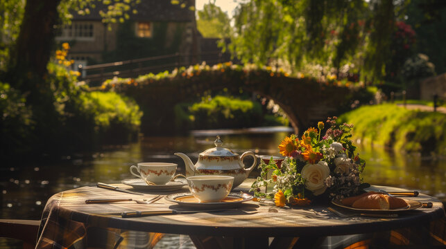 Vintage afternoon tea and pastries overlooking the river with bridge and cottage in background