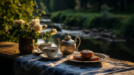 Vintage afternoon tea and cake overlooking the river - obrazy, fototapety, plakaty