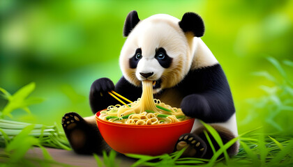 A panda sitting at a table eating noodles with chopsticks