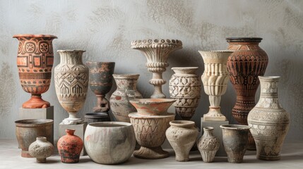 Fototapeta na wymiar A meticulously arranged set of ancient pottery pieces, each with distinct designs and textures, on a neutral background
