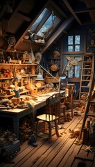 Wooden toys in the workshop of an old craftsman in the village