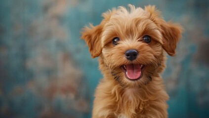  Happy Puppy with a Playful Smile on a soft blue backdrop