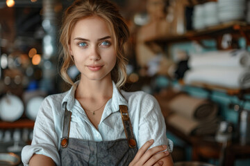 Young blonde barista in apron standing confidently in a coffee shop