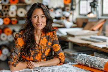 Confident female fashion designer in fabric store with textile rolls