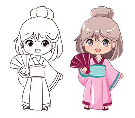 Little adorable cartoon girl in anime style dressed in kimono. Cute chibi one line coloring. Simple Vector illustration isolated. Print for t-shirt for kids - 767196754