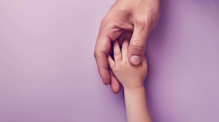 Horizontal AI illustration adult and child holding hands a soft purple background. People concept.