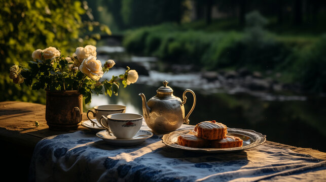 Vintage afternoon tea and cake overlooking the river