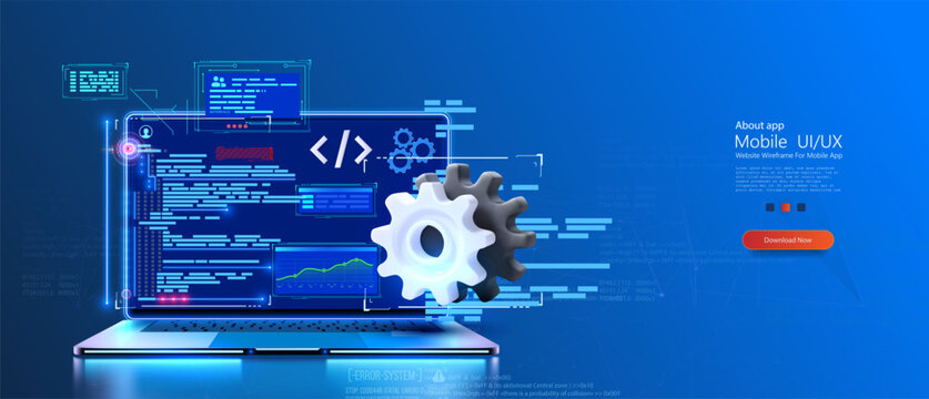 An open laptop displaying advanced code and programming interfaces with holographic projections and a cogwheel symbolizing development. Futuristic Coding and Development Concept on Laptop. Vector