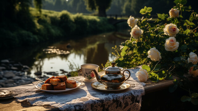 Vintage afternoon tea and cake overlooking the river