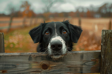 Curious Border Collie peeking over wooden fence