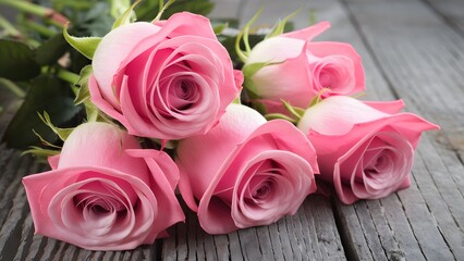 Pink roses over wooden table, ideal for Valentines Day