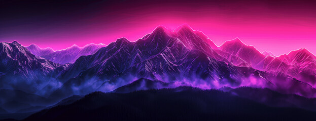 Neon Wilderness: Majestic Mountain Ranges Under a Luminous Pink Sky - obrazy, fototapety, plakaty