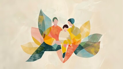 Horizontal AI illustration abstract family portrait with colorful shapes. People concept.