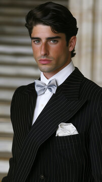 Portrait of handsome gentleman dressed in suit and wearing bowtie, looking directly into camera with stairs is background 