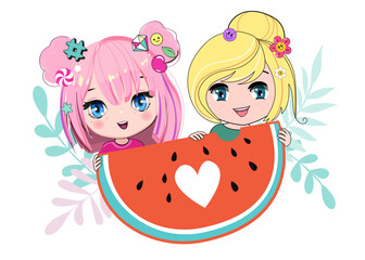 Vector illustration banner with little girls and watermelon. Concept rest, childhood, game, Kids camp - 767197538