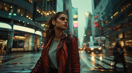 Young woman in a red jacket walking in a rainy cityscape
