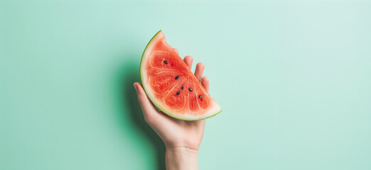 Hand holding watermelon on pastel green background. Diet and healthy eating concept. 
