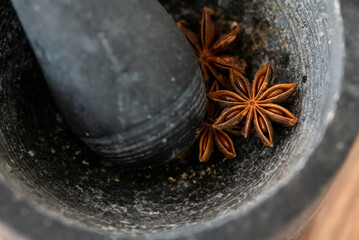 Star anise in mortar with pestle
