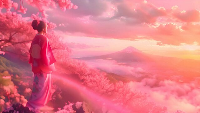 an image of a girl walking on the hill in cherry blossoms, laborate kimono,generative ai