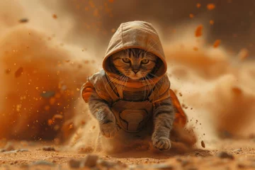 Fotobehang A cat in armor and a cape runs through the desert during a sandstorm. © Anastasia