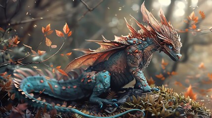 cute fairy-tale dragon with wings and horns in a forest - obrazy, fototapety, plakaty