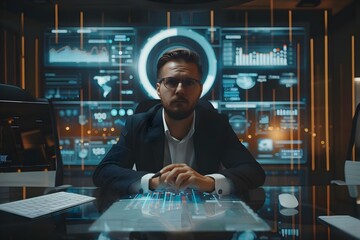 A businessman leads his team in a virtual world with a digital dashboard interface. Concept Business Leadership, Virtual Teamwork, Digital Technology, Strategic Planning, Innovation in Business