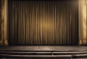Empty background Theater stage with black gold velvet curtains
