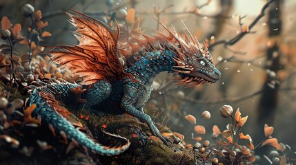 cute fairy-tale dragon with wings and horns in a forest - obrazy, fototapety, plakaty