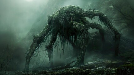 mist of menace: a spider monster's reign in the foggy swamp - obrazy, fototapety, plakaty