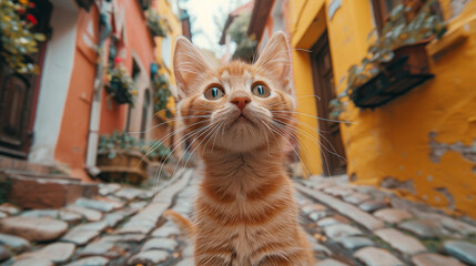 Wide-eyed ginger kitten in a colorful narrow alley