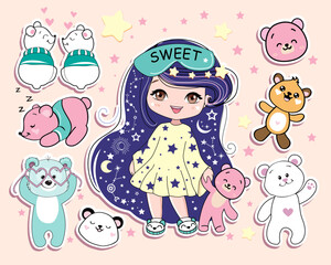 Cute cartoon little girl in anime style with funny teddy bear toys. Kawaii style. Vector illustration stickers set. t-shirt print. Big eyes. Valentines and birthday greeting card - 767199384