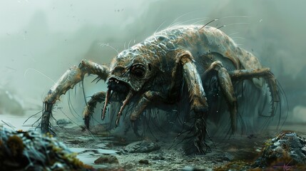 mist of menace: a spider monster's reign in the foggy swamp - obrazy, fototapety, plakaty