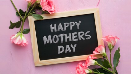 Publish Happy Mothers Day blackboard with pink flowers on textured paper - obrazy, fototapety, plakaty