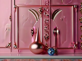 a pink shelf with a glass and a silver and blue bottle of perfume