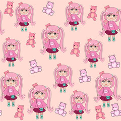 Cute cartoon little girl  in anime style with funny teddy bear toys seamless pattern on a pink background. Kawaii style. Vector illustration t-shirt print. Funny print Chibi little girl - 767199589